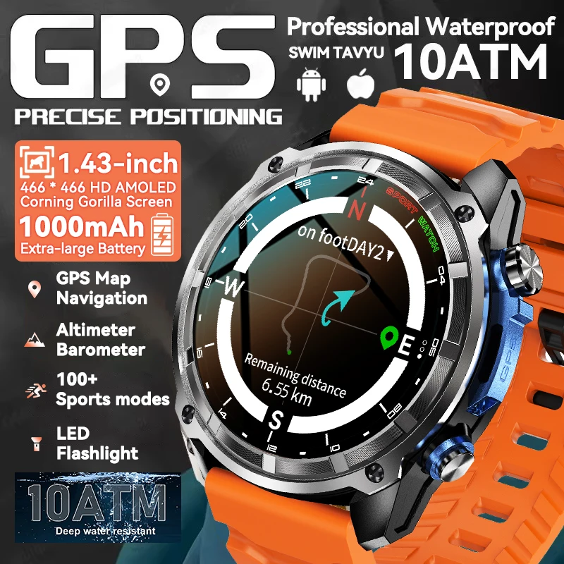 

New Outdoor GPS Offline Map Men Smart Watch 1.43-inch AMOLED Corning Gorilla Screen 10ATM Waterproof Bluetooth Call Smartwatch