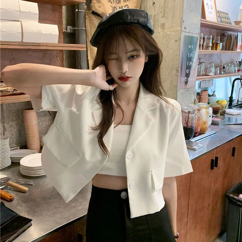 Summer Short Sleeve Cropped Jacket Women Korean Fashion Buttons Thin Blazer Woman Woman 2023 Solid Color Short Suit Coats Mujer