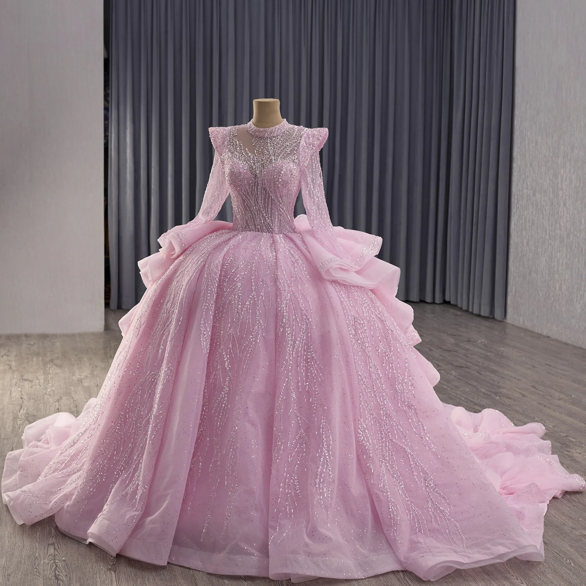 

Rosymae Luxury High Neck Ball Gown Wedding Dress White Modest Long Sleeve Sparkling Sequins Cathedral Train Quinceanera Dresses