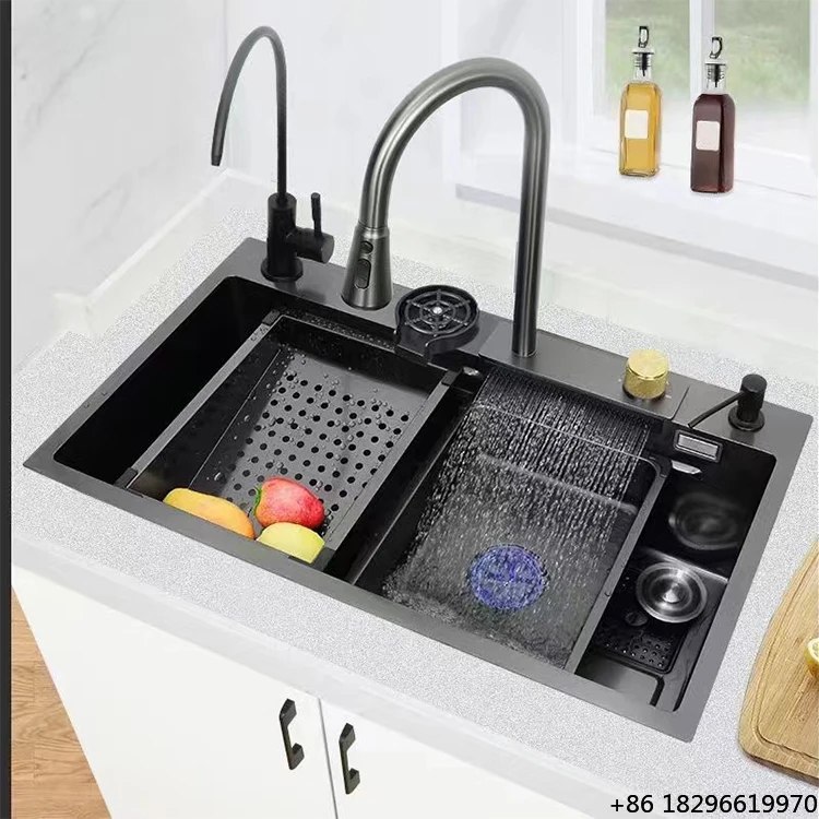 Stainless Steel Complete Kitchen Sink Set with Double Bowl Dish Rack & Single Bowl Waterfall Design for Easy Installation