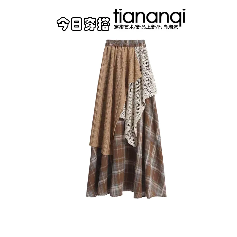 Knitted Top Casual Skirt Women's Set Spring and Autumn High-end Temperament Plaid Dress Two-piece Set image 4