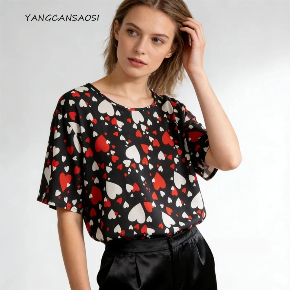

Summer Casual 100% Natural Mulberry Silk Crepe De Chine Top, Women's Heart Printed Round Neck Short Sleeved Versatile T-shirt