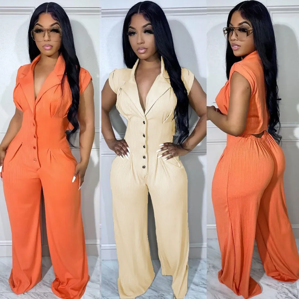Jumpsuits Women Single Breasted Rompers Overalls High Waist Wide Leg Pants Button One Piece Stand Collar Pockets Y2k Streetwear