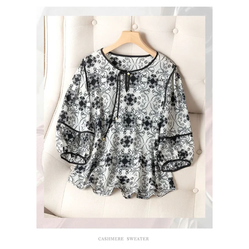 

Round Neck and 7-quarter Sleeve New Chinese Style Light Top Retro Printed Chiffon Shirt for Women 2025 Summer New