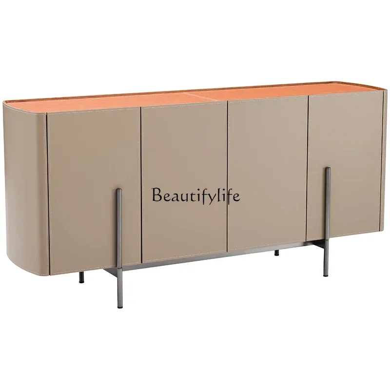 

lItalian minimalist side cabinet saddle leather high-end simple wall storage cabinet