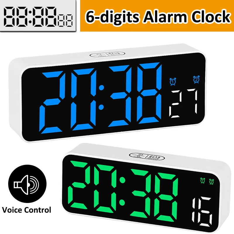 6-digits Digital Alarm Clock with Seconds Date Display 2-Alarms Table Clock Voice Control 12/24H Electronic Timing Clocks