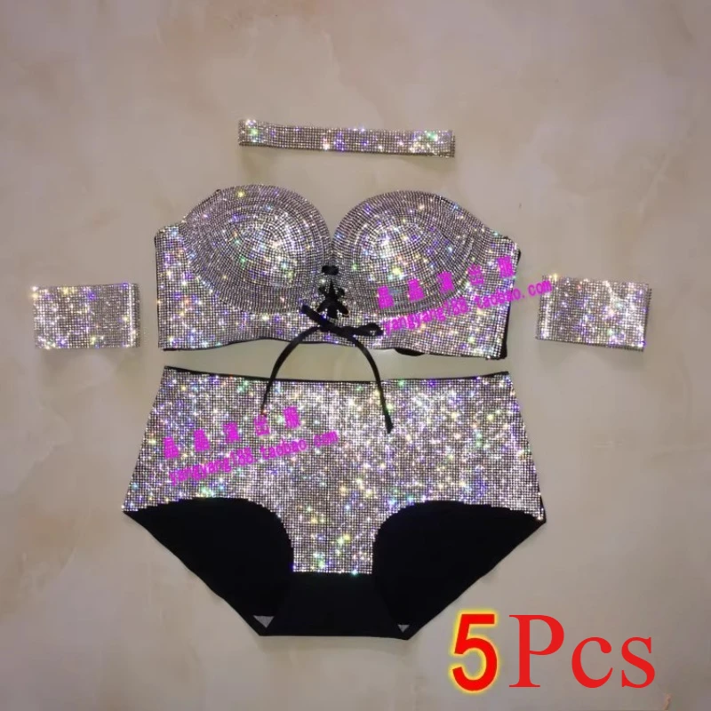 Customized Belly Bikini Diamond Sparkling Diamond Stage Bra Set Bra Underwear Pole Dance Performance Exotic Dancewear 5Pcs