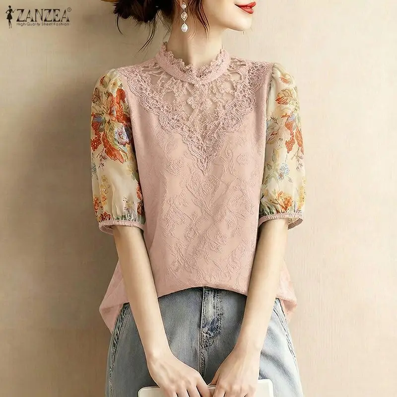 

ZANZEA Women's Elegant Floral Chiffon Puff Sleeves Blouses Lace Patchwork Stand Collar Classy Tops 2026 Summer Woman Clothes 3XL