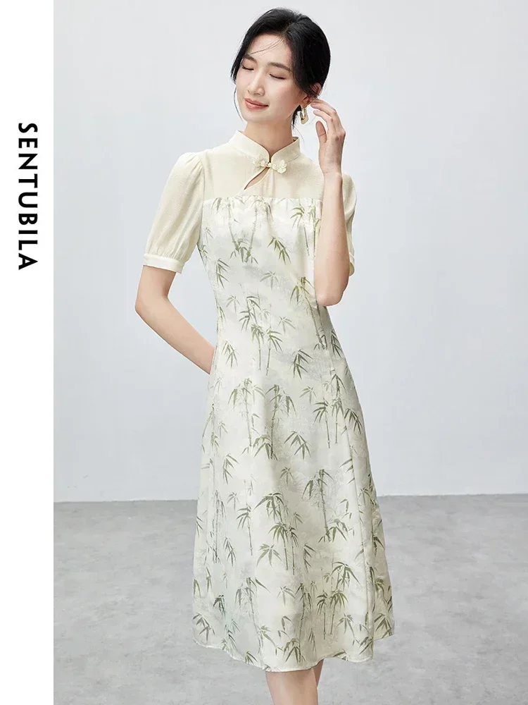 ชุดเดรสผู้หญิงสไตล์จีน SENTUBILA รุ่นปี 2025 สำหรับฤดูร้อน ดีไซน์หรูหรา คอตั้งเล็ก ลายพิมพ์ไม้ไผ่ เหมาะสำหรับงานปาร์ตี้ งานกลางคืน ชุดเดรสสุดสง่างาม รุ่น 142L54578