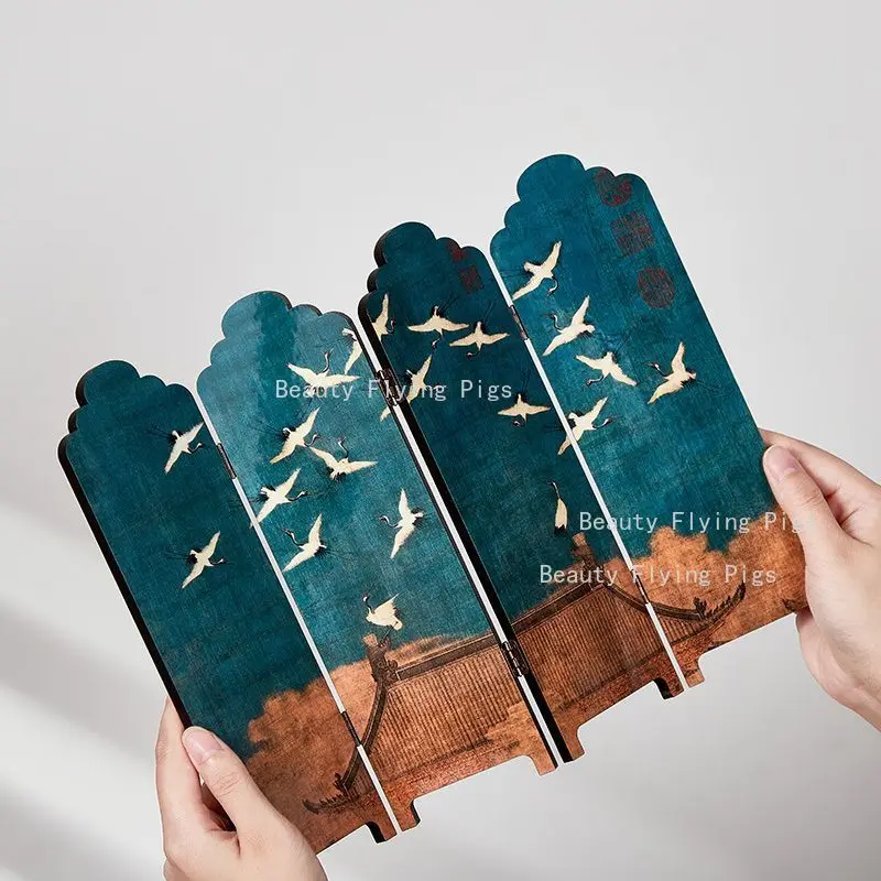 1pc 32x24cm Double Sided Chinese Partition, Mini Wooden Folding Screen, Desktop Partition, Home Decoration, Desktop Decoration