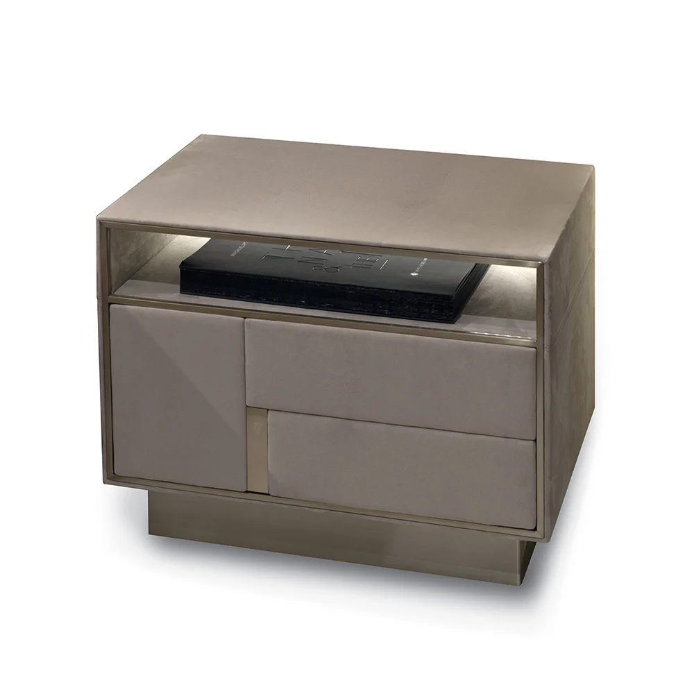 Luxury Upholstered king Bed Nightstand Champagne Velvet Asymmetric Drawers Gold Trim One-Stop Turnkey Supply for Villa Hotel
