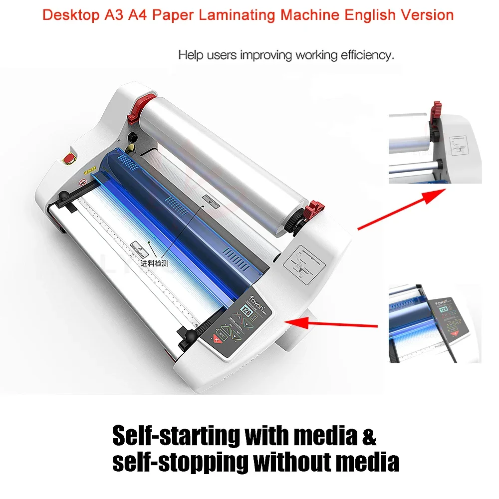 

Desktop A3 A4 Paper Laminating Machine FY-350DL Double-Sided English Version Cold Hot Roll Laminator Four Rollers for Film Photo