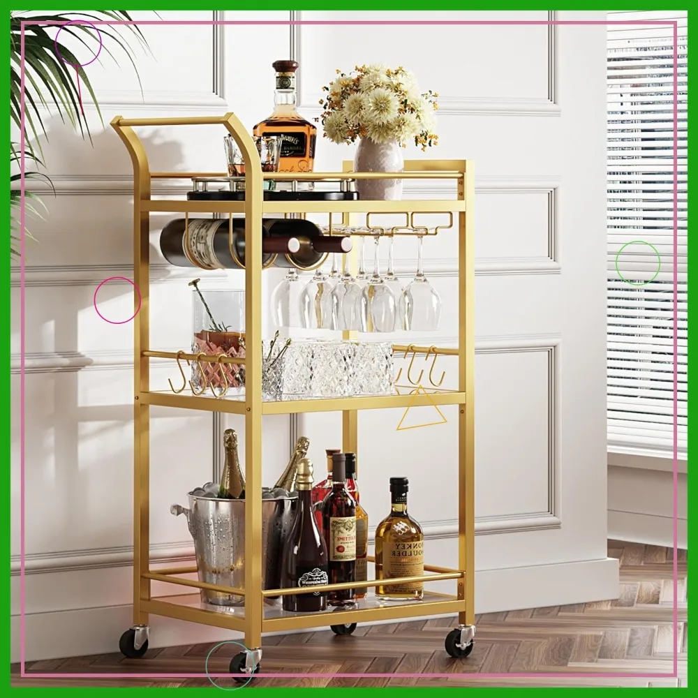 

3-Tier Mirrored Bar Cart with Gold Finish, Mobile Kitchen Serving Shelf for Wine and Home Decor