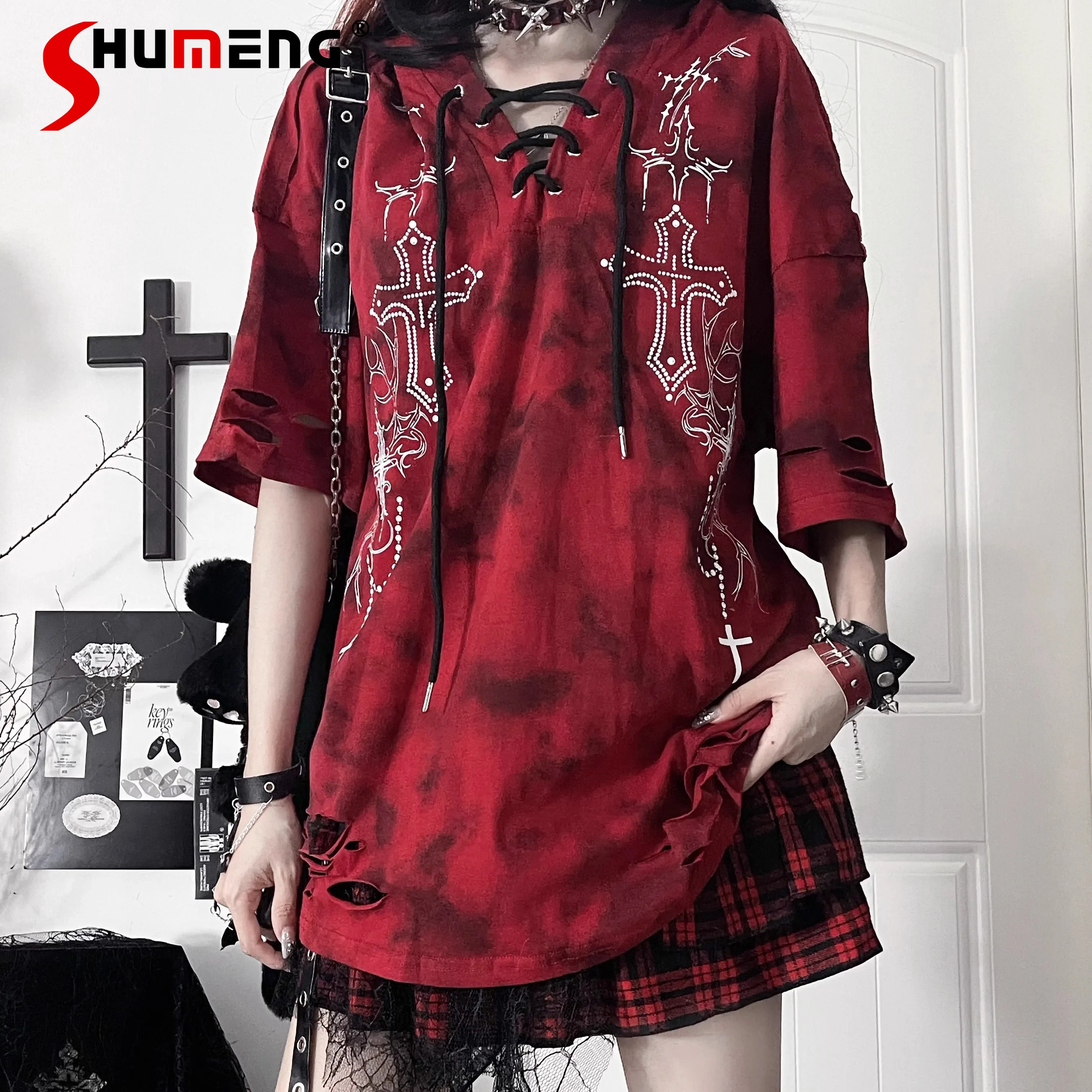 

Original Subculture Dark Harajuku Style Lace-up Hooded T-Shirt Printed Loose Casual Short Sleeve Long Shirts Tops Women Summer