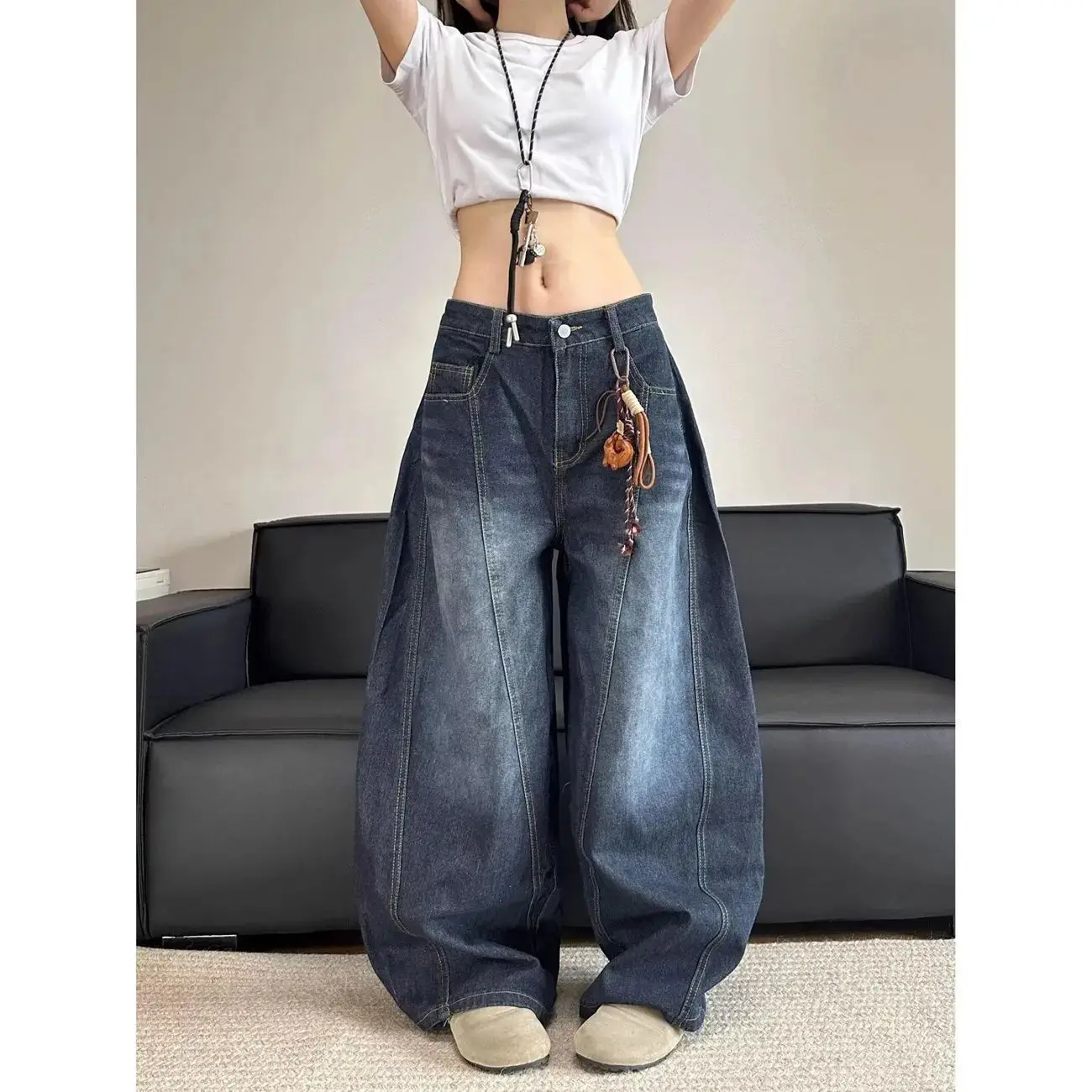 Casual Womens Y2K Loose Baggy Jeans Blue Washed High Street Vintage Cargo Pants Wide Leg Oversized Trousers y2k pants