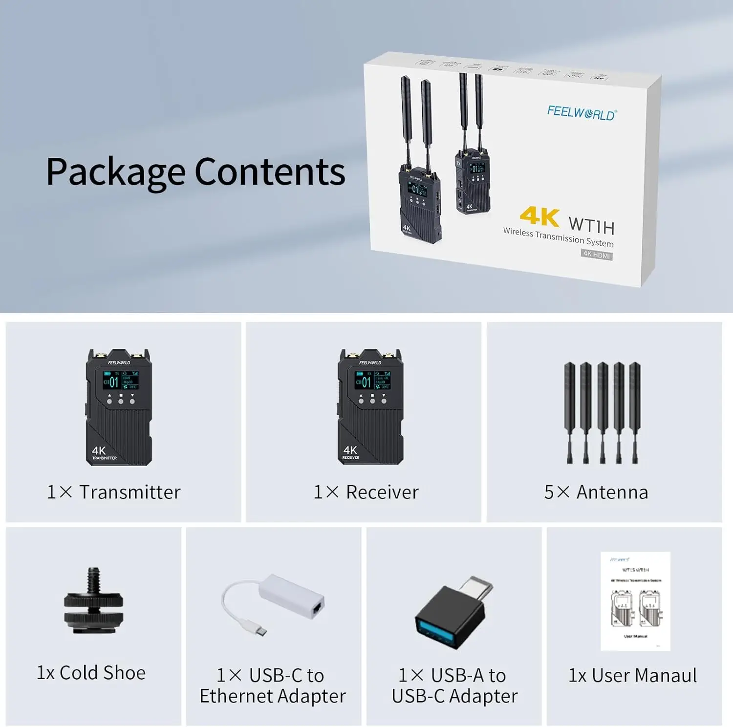 FEELWORLD WT1H 4K Wireless Video Transmission System Dual HDMI Full Duplex Intercom 1000ft 0.08s Low Latency Live Stream