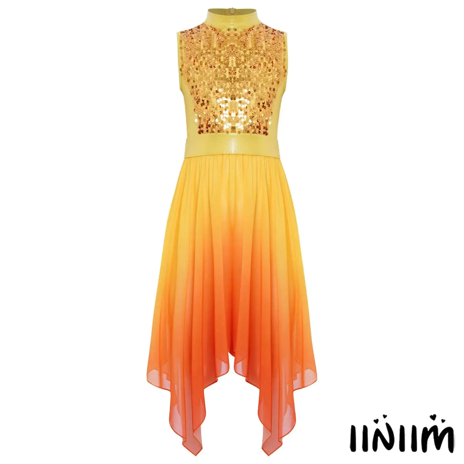 

Kids Girls Worship Praise Lyrical Dance Dress Sleeveless Sequins Bodice Asymmetrical Tunic Dresses for Modern Ballroom Dance