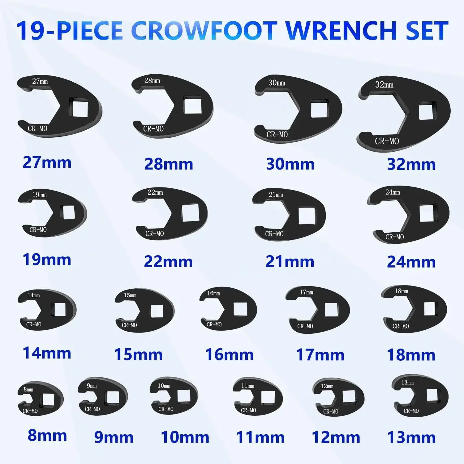 19pcs Drive Nut Crowfoot Wrench Set Metric Tool 8 to 32 mm Nut Wrench set for 3/8in and 1/2in Drive Ratchet