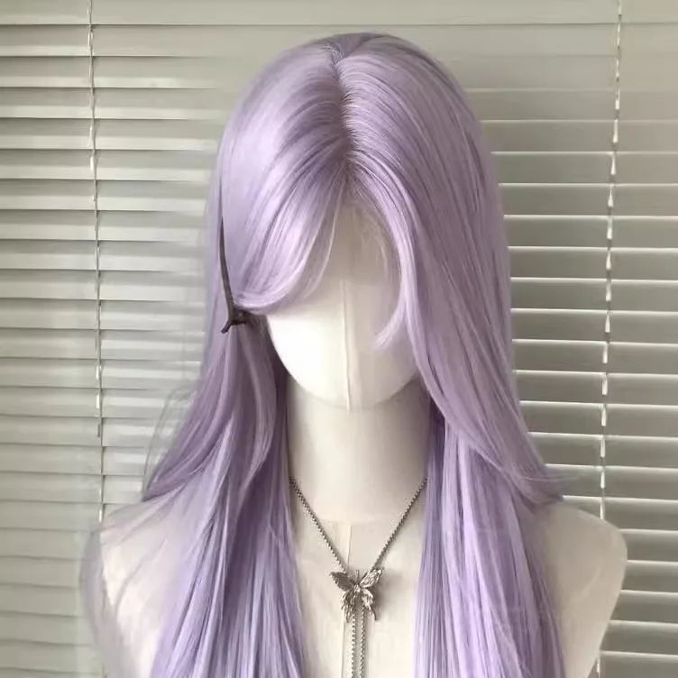 가발 여성 보라색 중간 머리 여름 긴 직선 머리 드림 파우더 풀 헤드기어 긴 직선 머리 코스 풀 헤드기어
