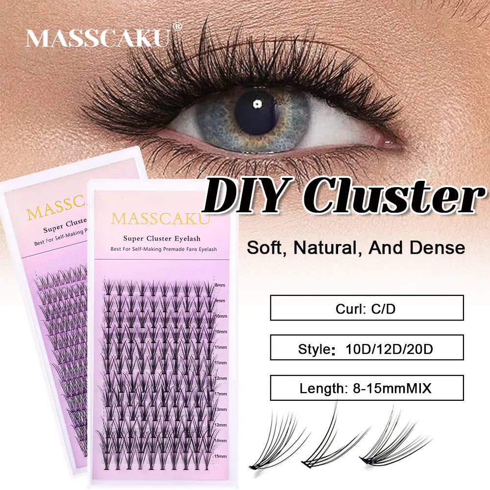 MASSCAKU Heat Bonded Cluster Eyelash Extension 10D 12D 20D Mixed DIY Natural Newest Extension Strip Personal Lash Makeup Tool