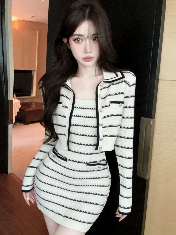 Slim Fit Striped Sleeveless Knitted Vest Dress Fashionable Casual Color Block Long Sleeve Open Cardigan Set for Women