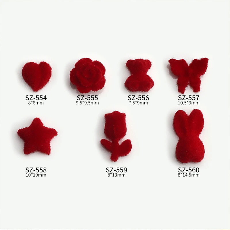 10PCS Auspicious Red Fluffy Heart Rose Lovely Bear Rabbit Butterfly Nail Art Rhinestones Decorations Manicure New Year Charms