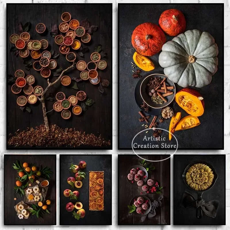 Pósteres de árboles de especias, decoración de cocina, otoño en un plato, fresa, chocolate, galleta, comida, póster impreso en lienzo, imágenes decorativas para pared