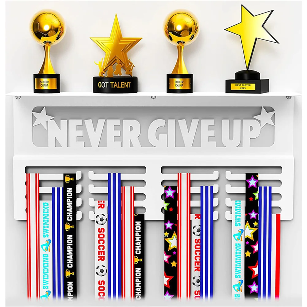 Medal Hanger Display With Shelf Never Give Up Medal Awards Rack For Walls Holds 64+ Sports Medals For Gymanstics Swim