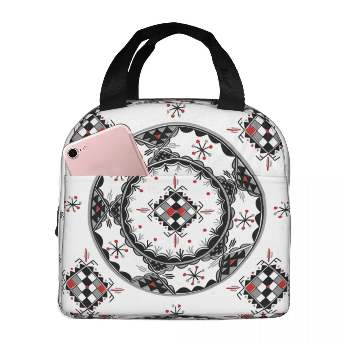 Kabyle Pottery Patterns Thermal Insulated Lunch Bag Women Ethnic Berber Resuable Lunch Tote for School Outdoor Storage Food Box