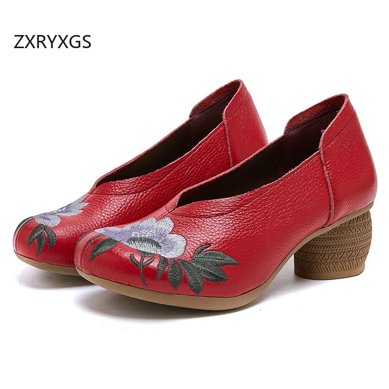 ZXRYXGS High-end Banquet Wedding Shoes Woman New 2025 Top Cowhide Embroidered Flower Comfortable Fashion Shoes Mid Heels 5cm