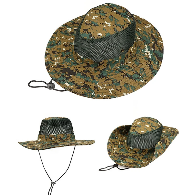 Camouflage Sun Hat Wide Brim Boonie Hat Mesh Breathable Camo Men Outdoor Sports Sun Bucket Cap Fishing Hiking Hunting Hats