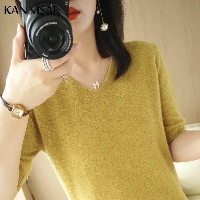 Spring Autumn Women Sweaters Short Sleeves V-neck Bottoming Shirt Knitwear 2024 Summer Camel Green Pink Pullovers Korean Jumpers