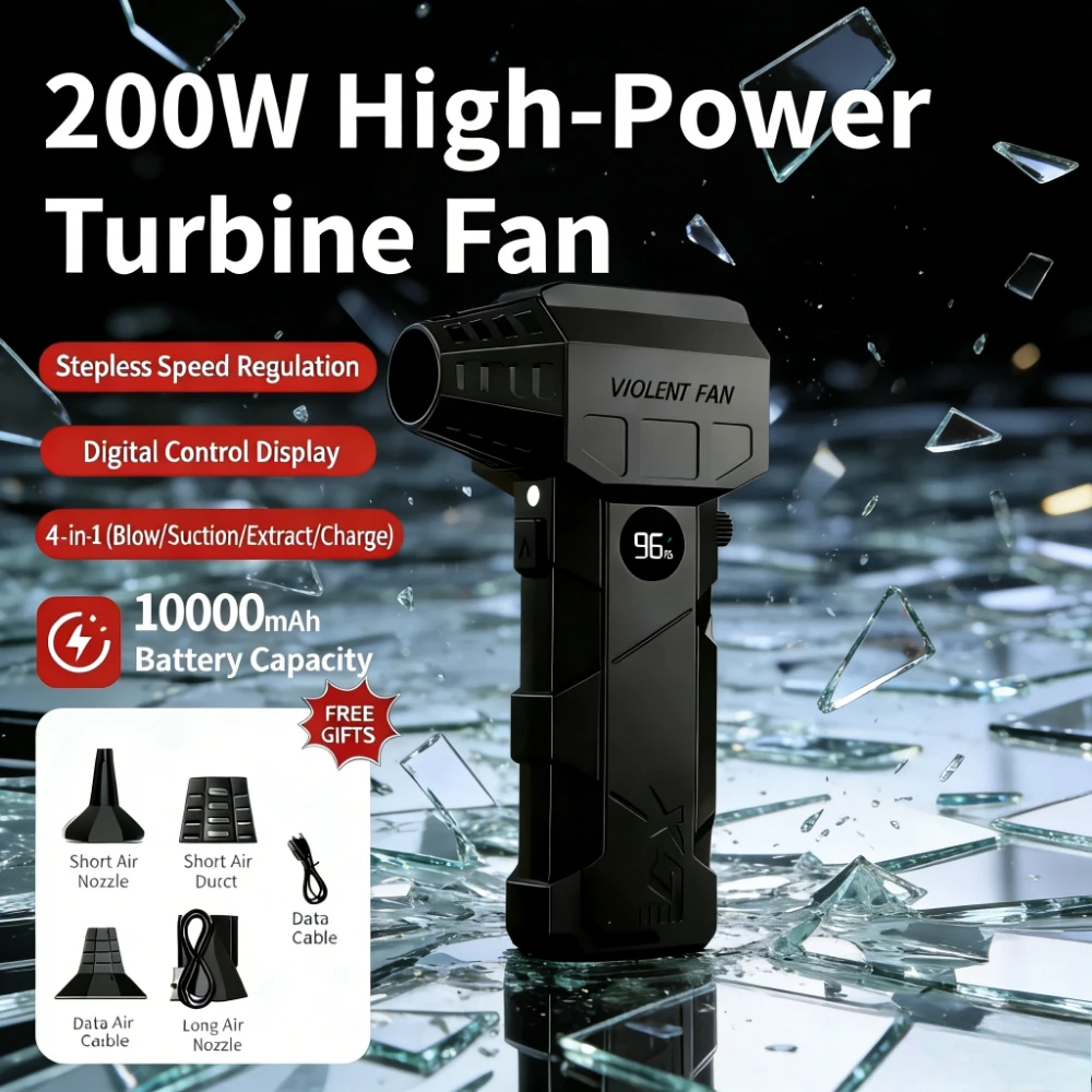 

Мощный турбовентилятор X5 с бесщеточным двигателем, высокоскоростной вентилятор с дисплеем, многофункциональный набор для сдувания пыли и уборки.