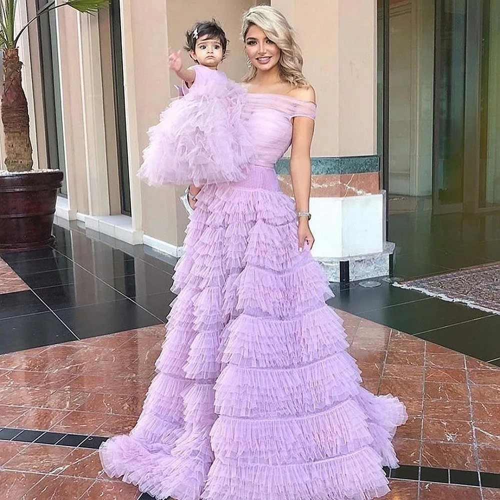 

Light Purple Mother And Daughter Dress Chic Tulle Birthday Family Look Christmas New Year Princess Cute Mommy and Me Gowns