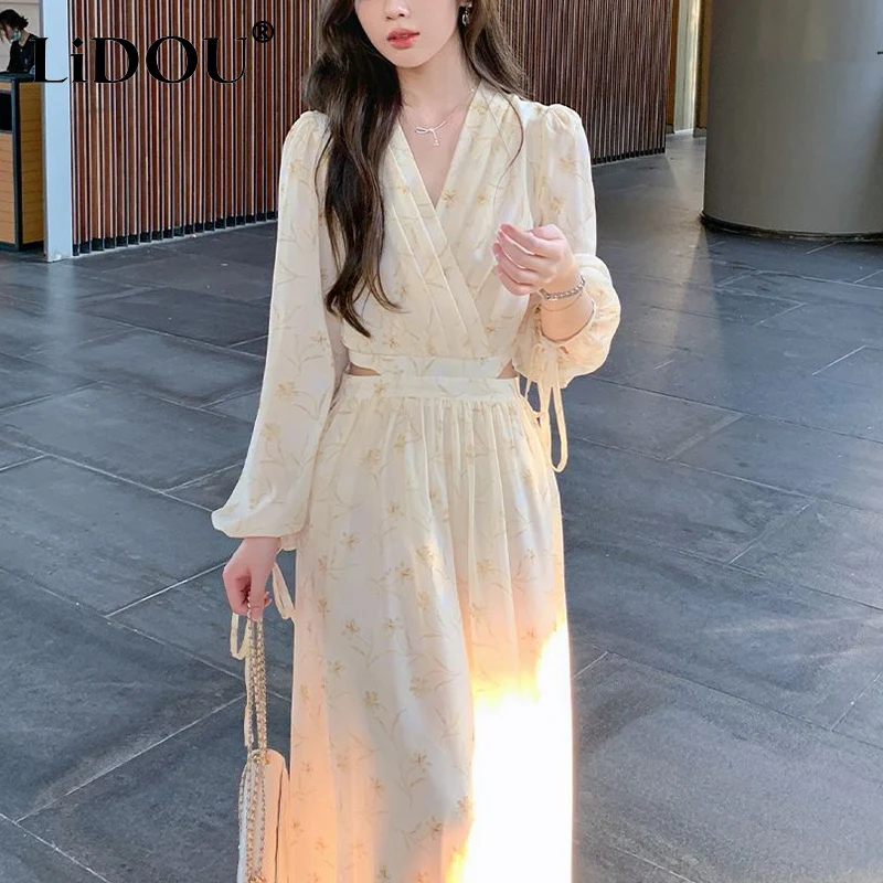 

Spring Summer Sweet Floral Print Hollow Out Midi Dress Ladies Long Sleeve V-neck Lace Up Vestido Women Casual Fashion Waist Robe