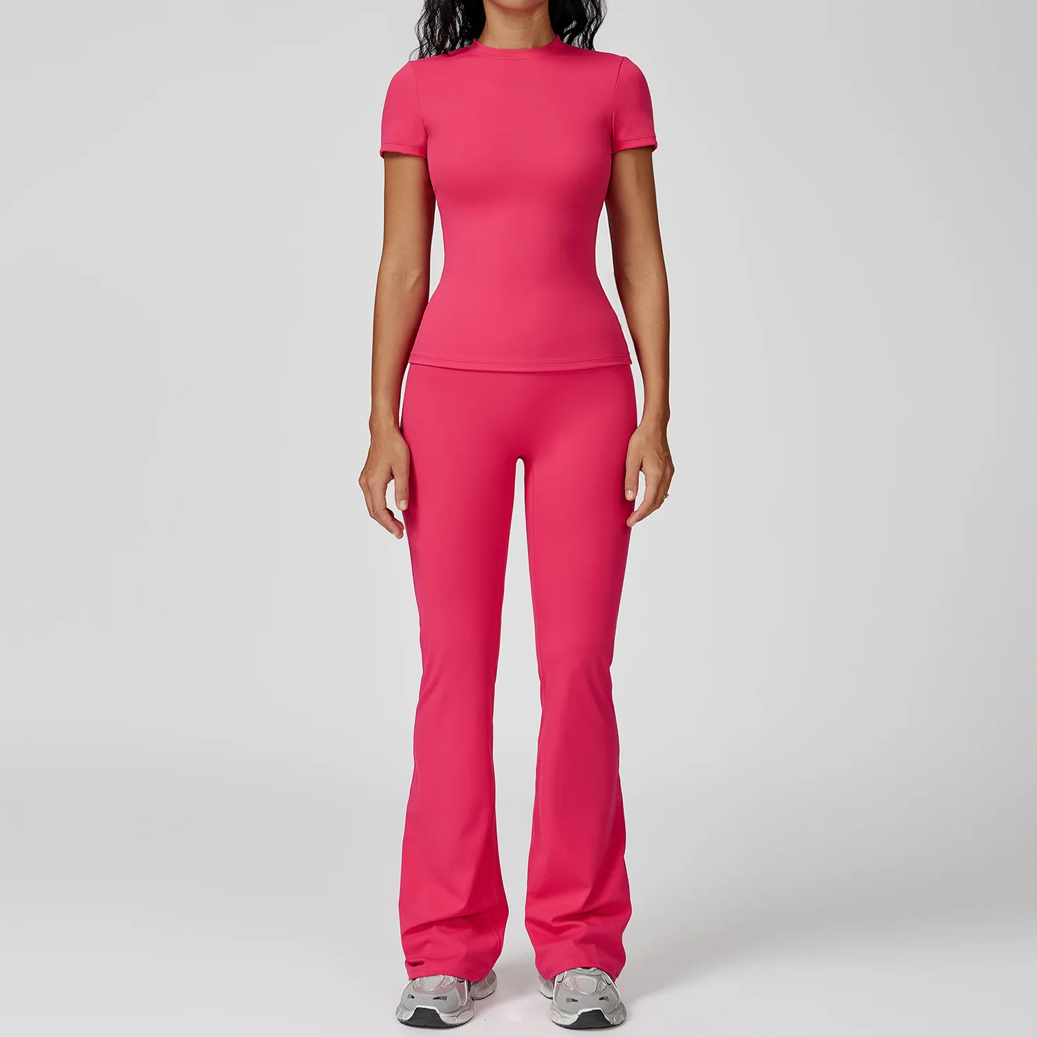 2PCS Yoga Set Women Tracksuits Seamless Workout Set Sportswear Gym Clothing Fitness Sshort Sleeve Crop Top High Waist Leggings