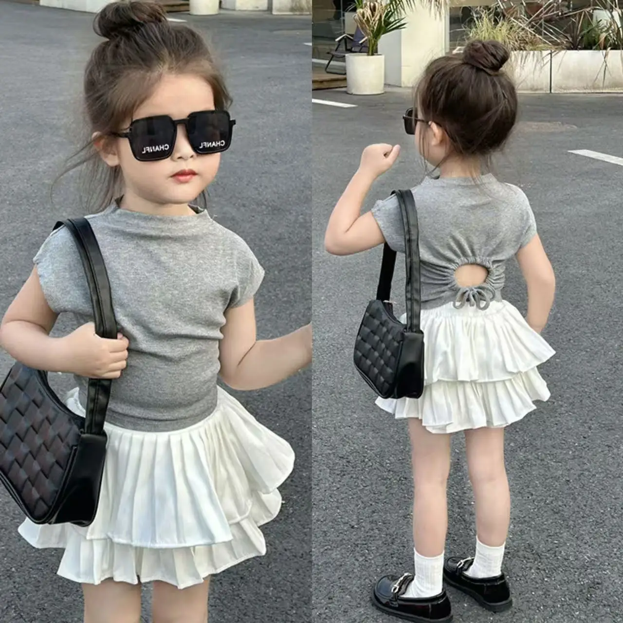 

Girls' Summer Set New Small and Medium Sized Children's Open Back Small High Collar T-shirt+pleated Skirt Pants Two-piece Set