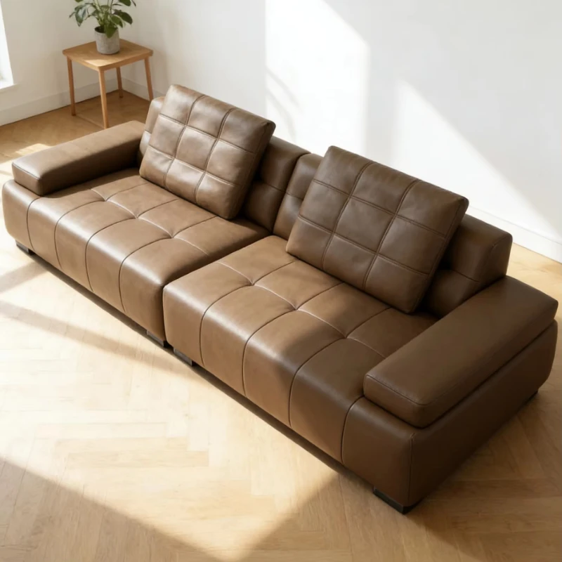 Neutral tone leather upholstered corner sofa sponge filled