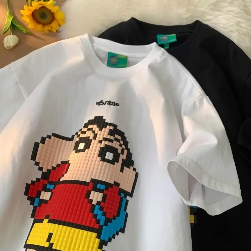 Футболка с коротким рукавом в стиле аниме Kawaii Crayon Shin-Chan, 100% хлопок, летняя, для пар, свободного кроя, с круглым вырезом, универсальная, с полурукавами