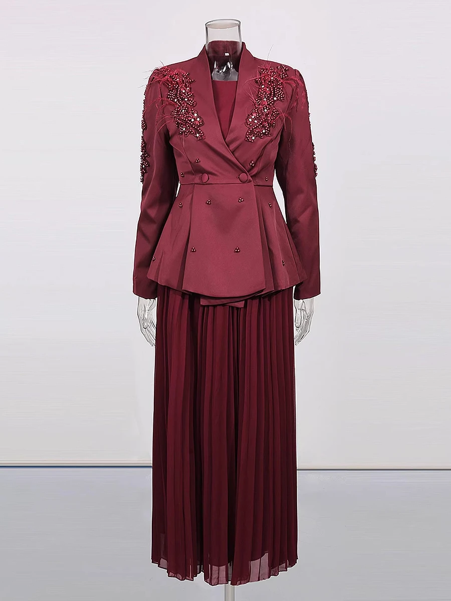 CHICEVER Solid Spliced Beads Two Piece Set Female V Neck Long Sleeve Jacket Luxury Commute Women's Dress Sets Fashion Style New view 4
