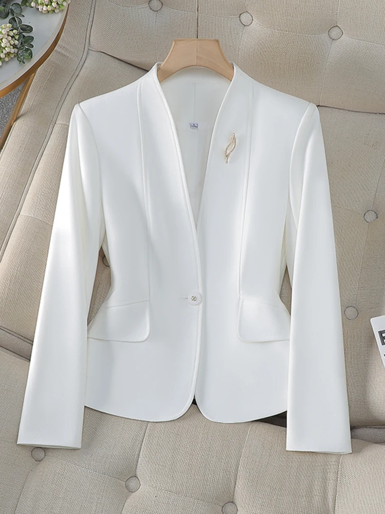 White Suit Jacket Women's Spring Autumn Short Style Commute Dress Two-Piece Set Slim Fit Button Pure Color Long Sleeve