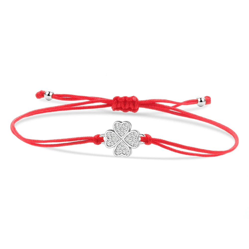 Trendy Cubic Zirconia Crystal Four Leaf Clover Lucky Charm Bracelet Women Zircon CZ Stones Gold-plated Brass Red String Bracelet