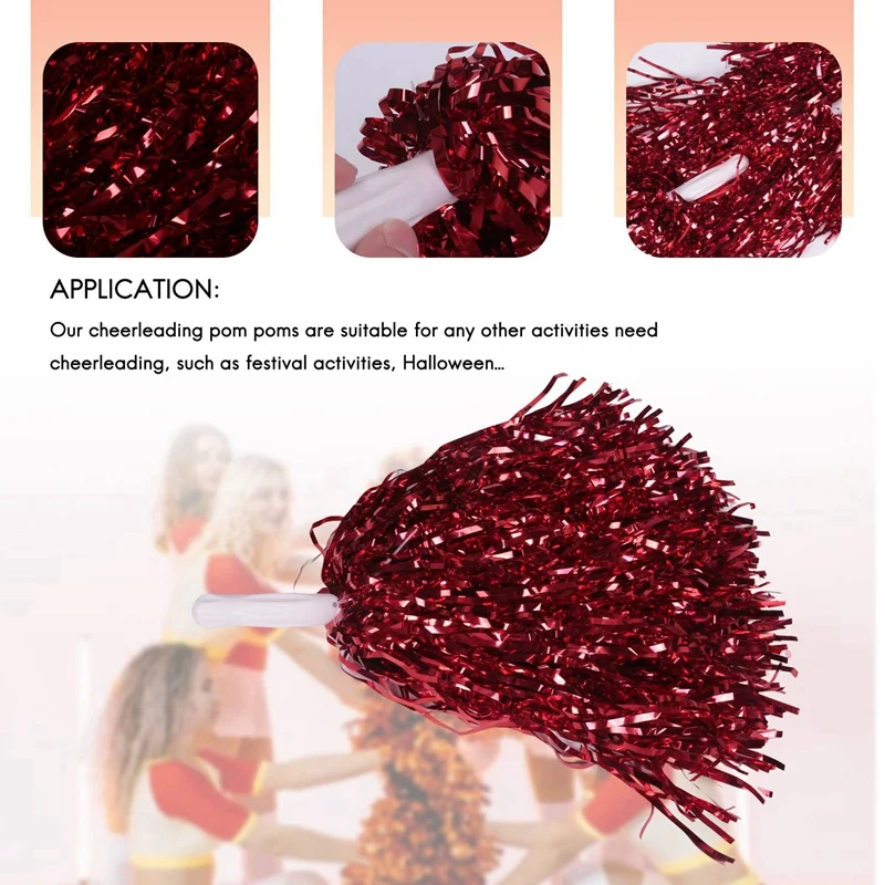 72Pcs Cheerleading Pom Poms Metallic Foil Cheer Pom Poms With Plastic Handle For Adults Kids Cheerleaders Party Red