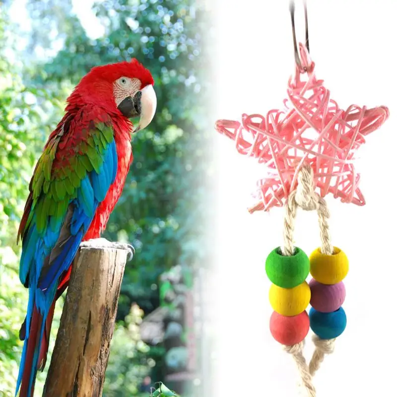 Bird Cage Toy  Shapes Parrot Rattan Toy Colorful Wooden Beads Chewing Toy for Cockatiels Parakeets Conures Y5GB