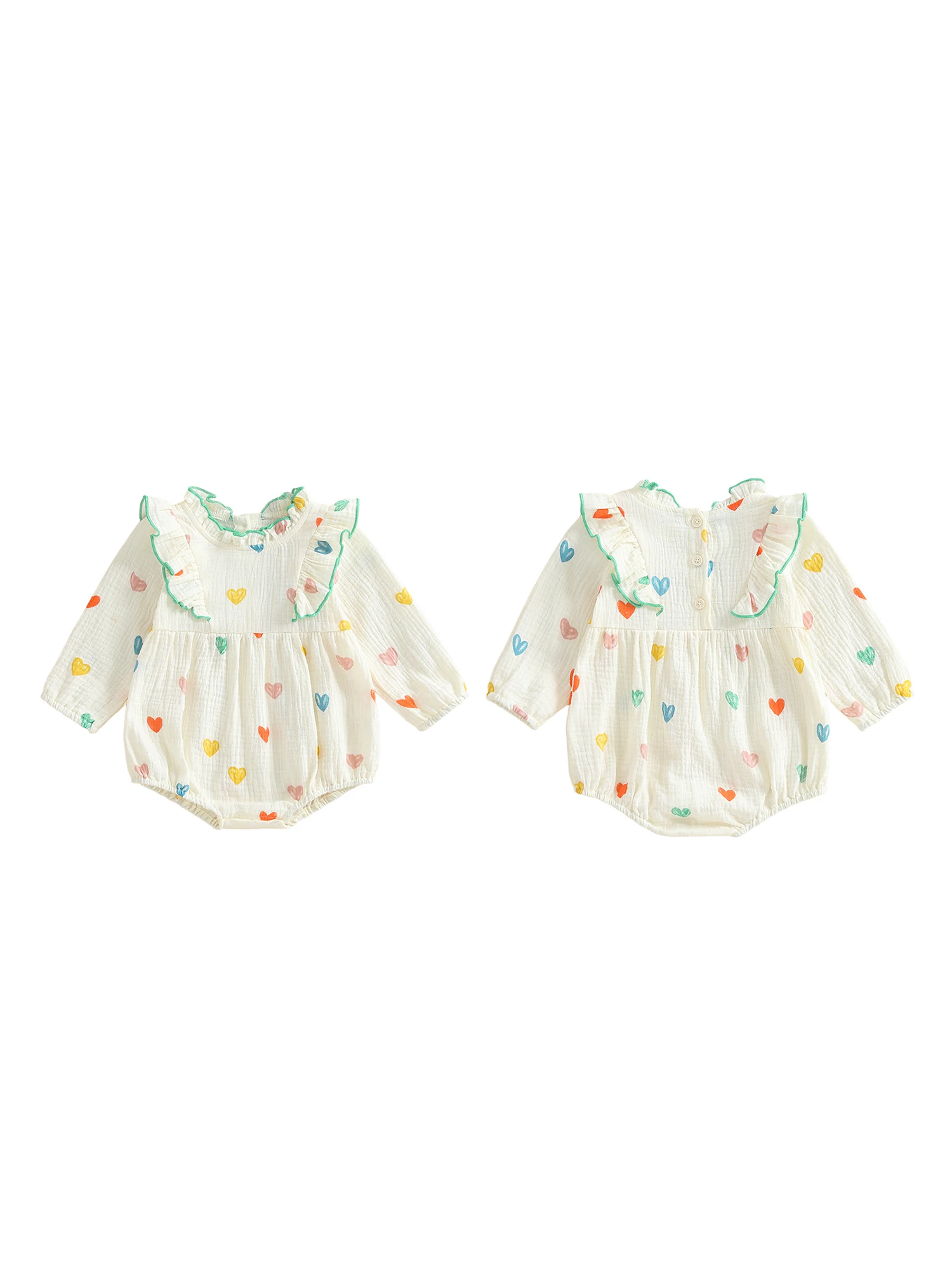 

Infant Girl Autumn Romper with Flowy Ruffles and Heart Pattern Comfortable Crew Neck and Long Sleeves Adorable Baby