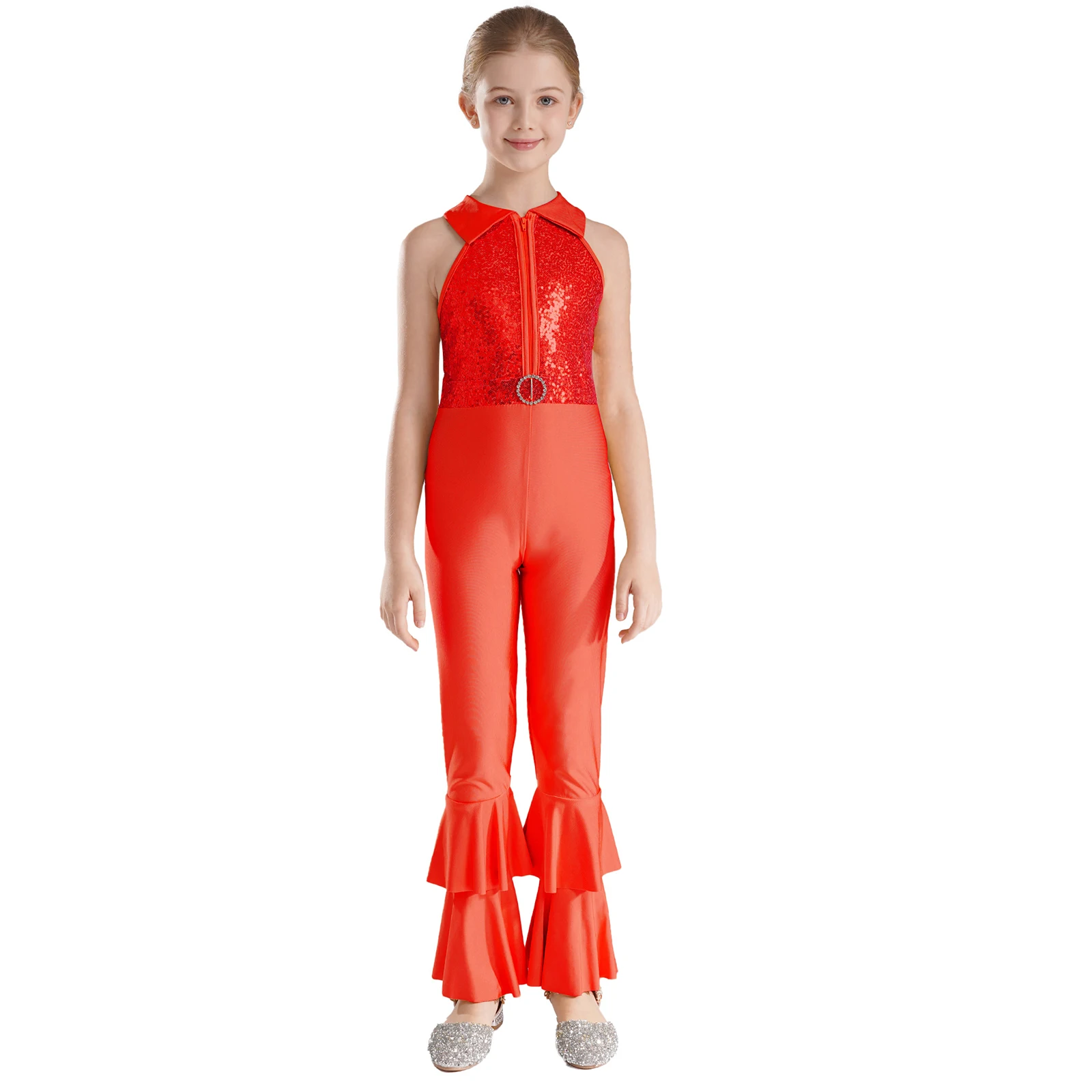 Girls Ballet Jazz Dance Bodysuit 60s 70s Hippie Costumes Long Sleeve Unitard Bodysuit Shiny Sequins Bell-bottom Long Pants