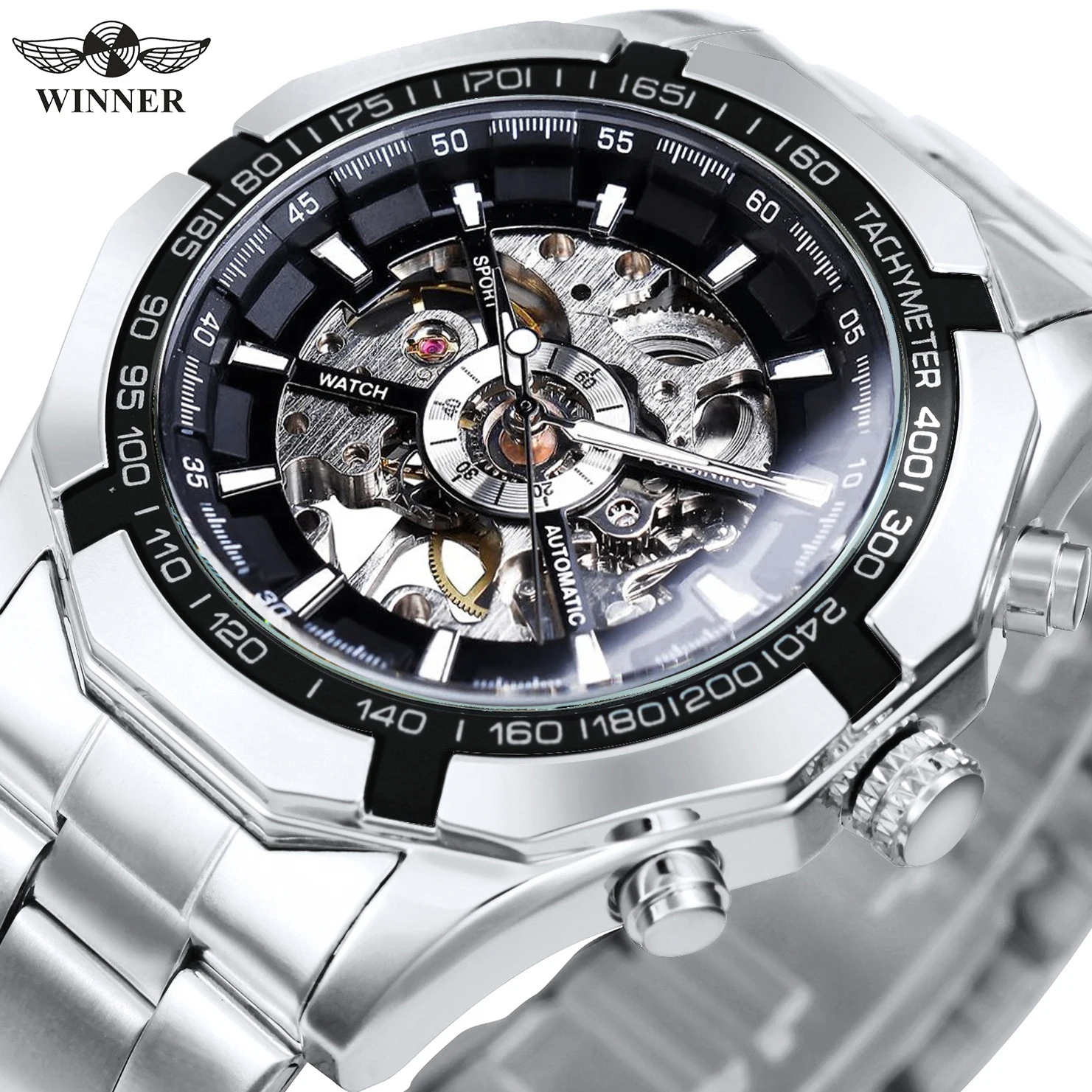 

WINNER Classic Skeleton Automatic Watch for Men Luminous Hands Luxury Stainless Steel Strap Gold Mechanical Watches Forsining