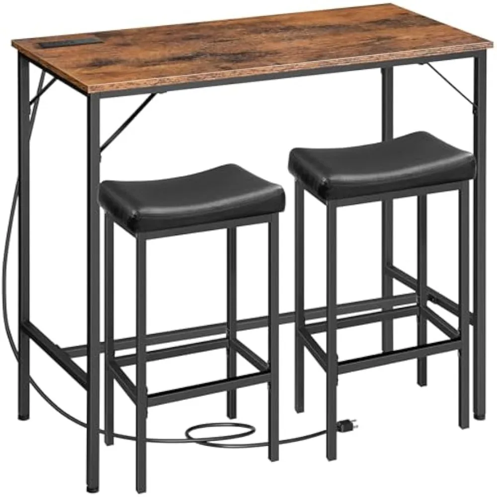 

3-Piece Bar Table and Chairs Set, 39.4" Pub Table, High Top Bar Table with Charging Station, 3-Piece Dining Table Kitchen Break