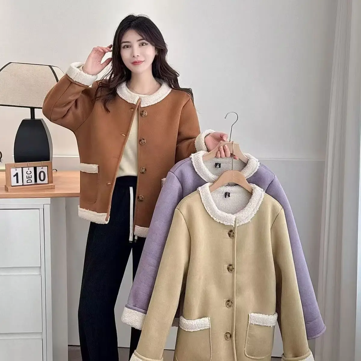 جاكيت تويد نسائي بأكمام طويلة للخريف مع شراشيب متعدد الوظائف، سترة بومبر مزدوجة الجانب مرنة مع رقع وأصفاد وأزرار