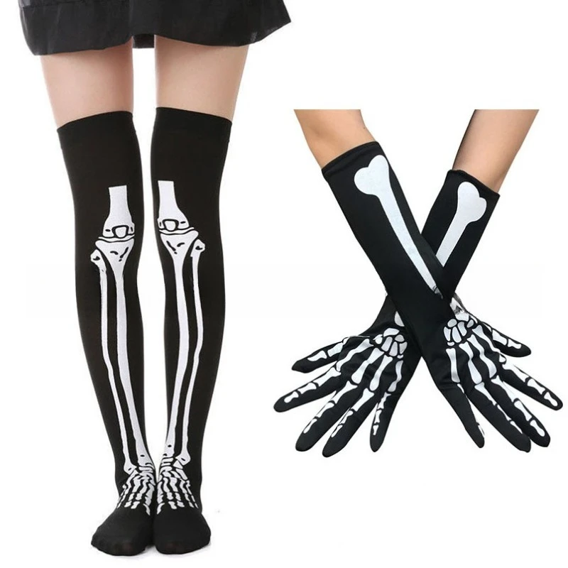 

Halloween Skeleton Gloves Bone Pattern Arm Warmers Set Matching Spooky Socks Scary Costume Party Cosplay Masquerade Event